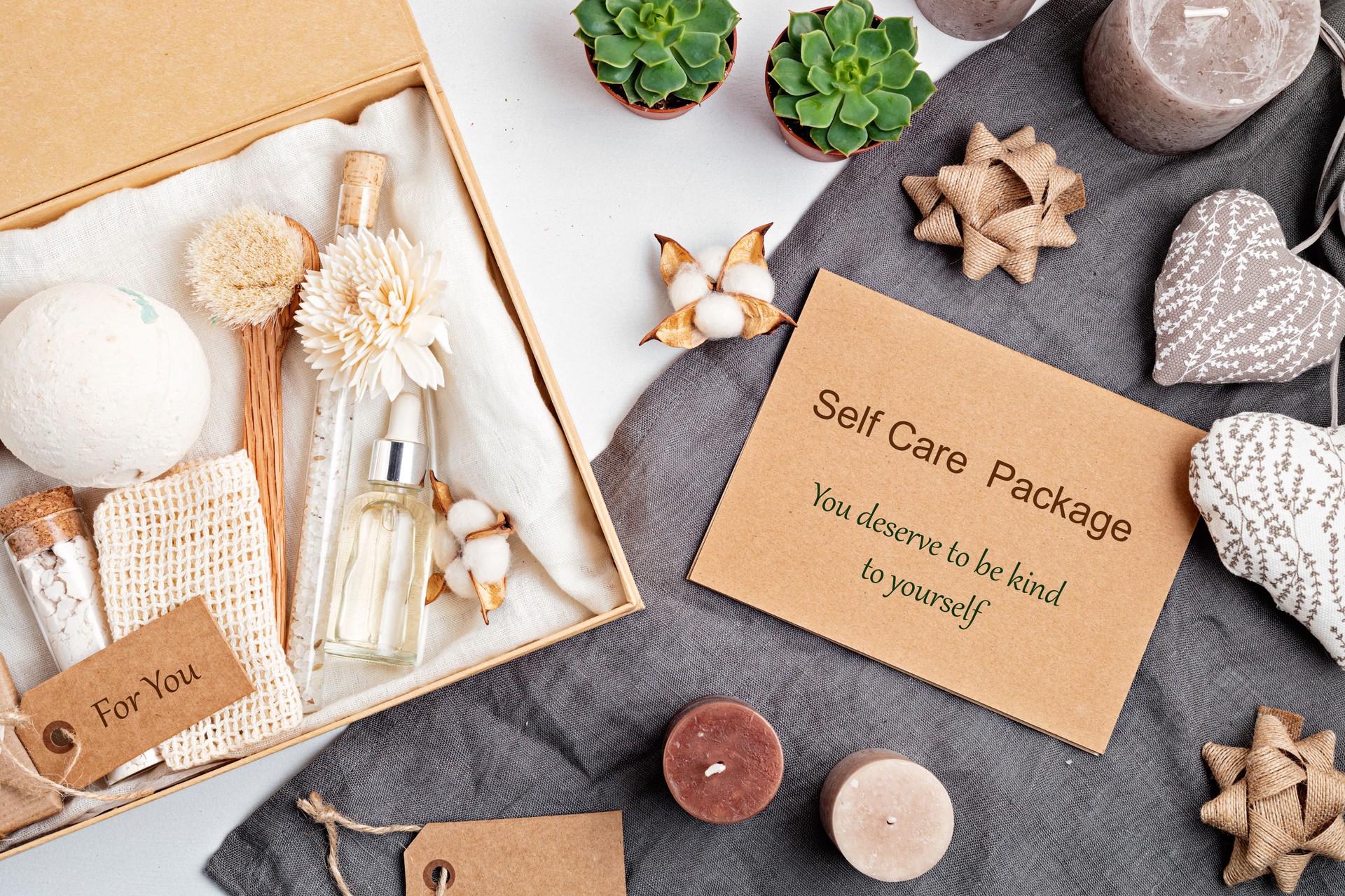 Preparing self care package, seasonal gift box with plastic free zero waste cosmetics products